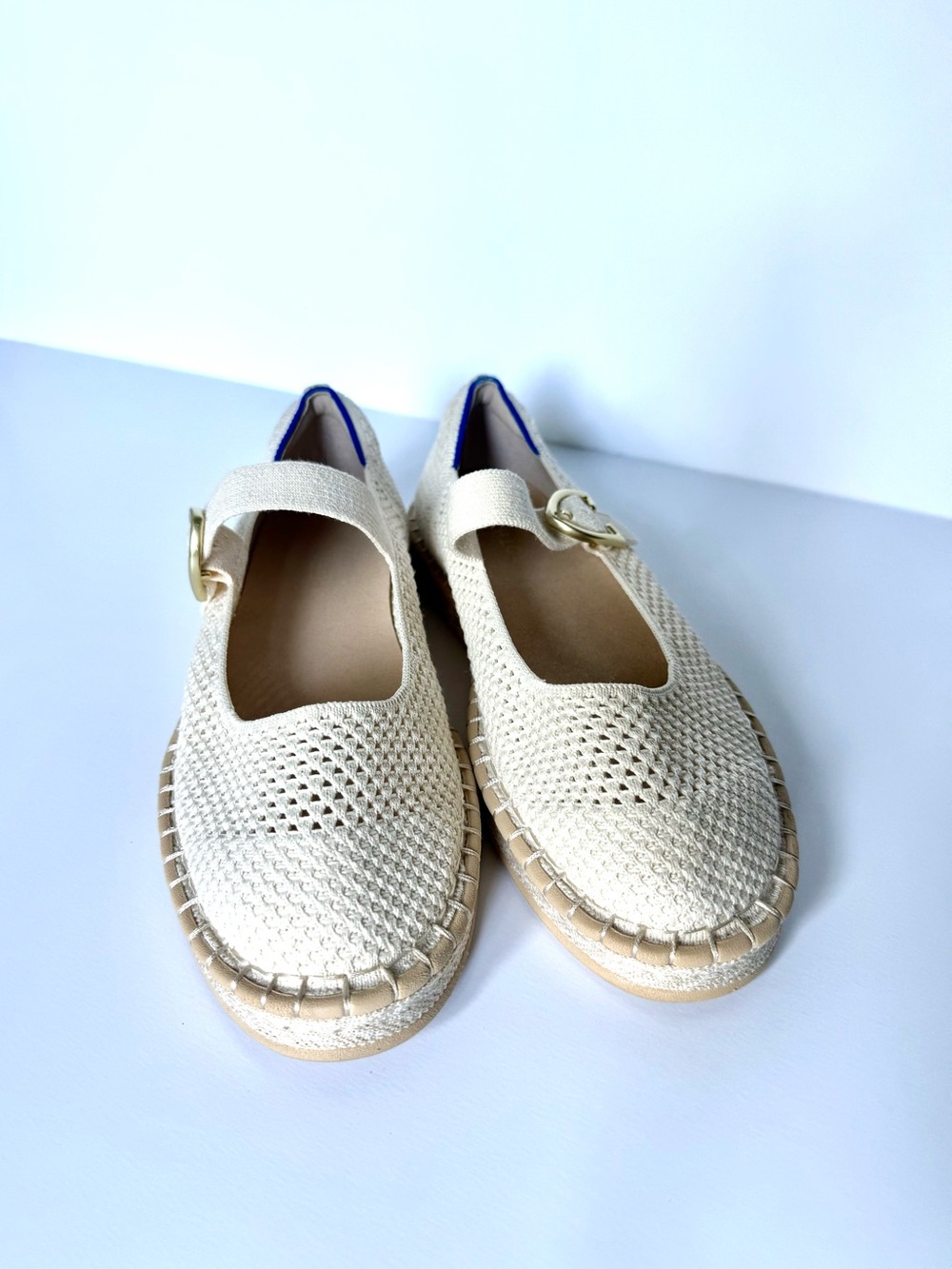 Rothy's Cream Woven Mary Jane Flats with Gold Buckles
